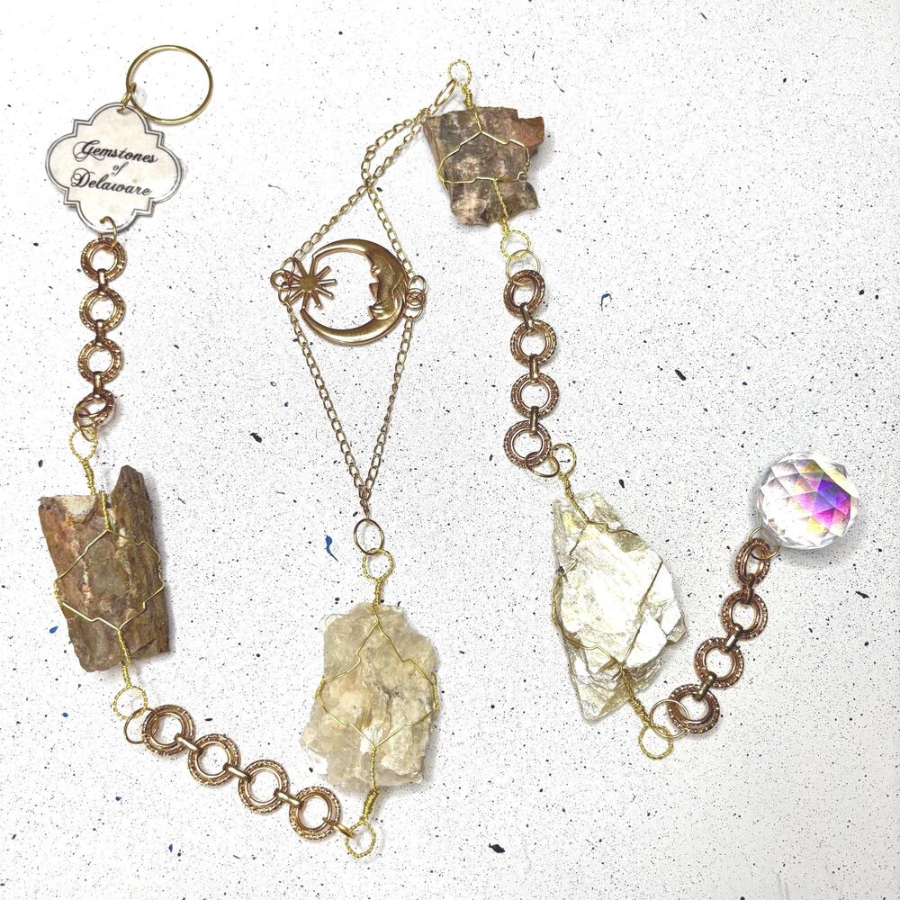 Petrified Wood Muscovite Wall Hanging  Gold Chain Boho Moon Prism Delaware Decor
